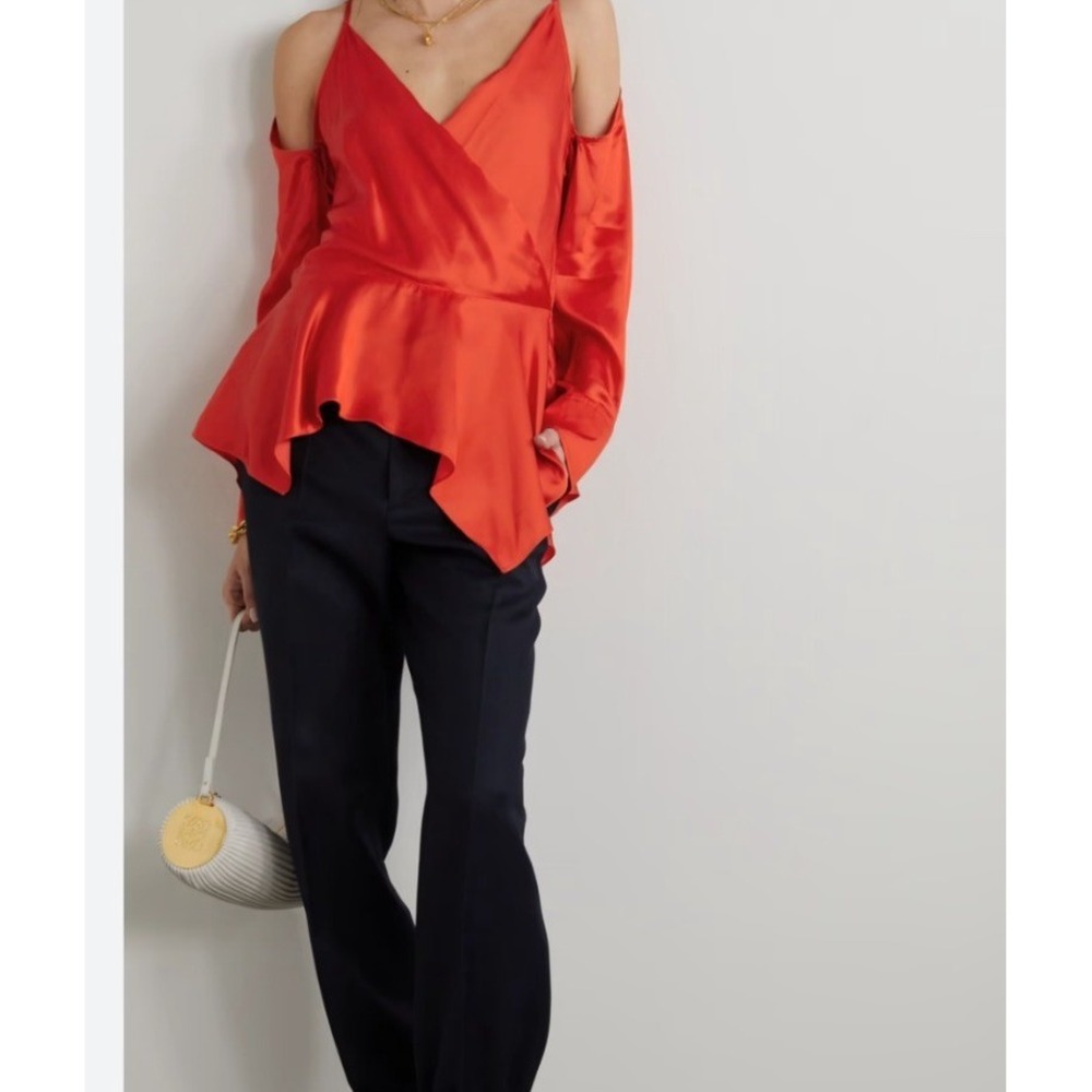 JW Anderson Blouse Womens 6 Orange New Cold Shoulder Satin Peplum Wrap Top